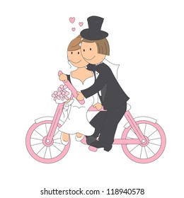 Wedding couple ride a bicycle, hand drawing illustration on white background