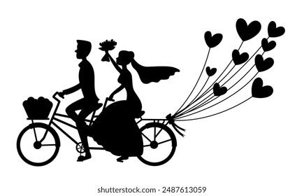 Pareja de Boda montando bicicleta, solo pareja casada novia y novio montando bicicleta tándem silueta	