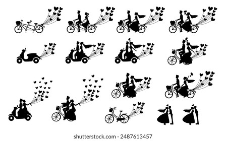 Wedding couple riding bicycle, Just married couple bride and groom riding tandem bicycle silhouette	