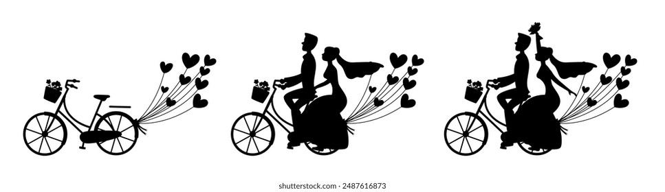 Wedding couple riding bicycle, Just married couple bride and groom riding tandem bicycle silhouette	