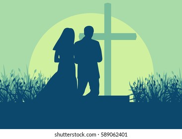 Wedding couple romantic landscape with bride and groom in tulip field sunset vector background