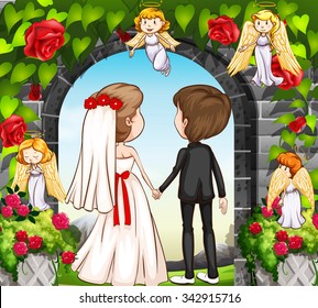 Wedding couple at the rose garden illustration