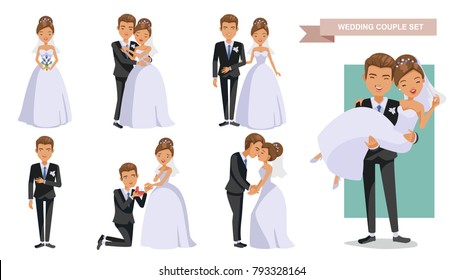 Wedding couple Set of characters bride and groom.Cartoon vector illustration
Kiss, smelling, cuddling, holding a bouquet, carry, holding hands, hugging,wedding invitations. Vector illustration cartoon