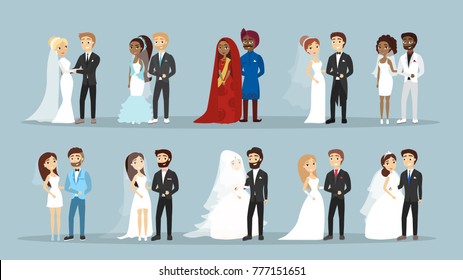 Wedding couple set. People of different cultures.