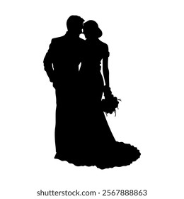 Wedding couple silhouette cartoon, digital art illustration.