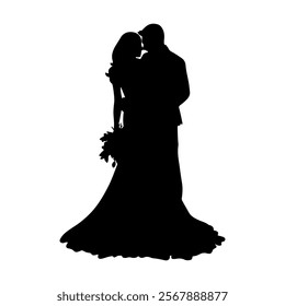 Wedding couple silhouette cartoon, digital art illustration.