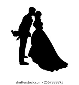 Wedding couple silhouette cartoon, digital art illustration.