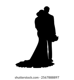 Wedding couple silhouette cartoon, digital art illustration.