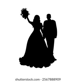 Wedding couple silhouette cartoon, digital art illustration.