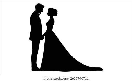 Wedding Couple Silhouette Vector of Bride and Groom Holding Hands	