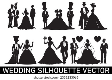Wedding Couple Silhouette vector bundle, Romantic wedding silhouette pack, Wedding silhouette clipart bundle, Cute couple silhouette bundle.