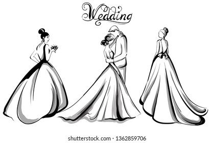 Wedding couple silhouette Vector line art. Beautiful brides, long dresses . Template for design cards