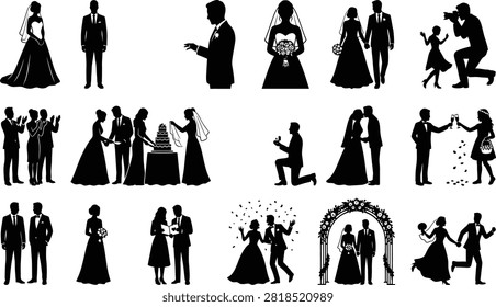 Wedding Couple Silhouettes Collection - Bride and Groom Icons Set Including Ceremony, Ring, Dance, Kiss, Toast, and Photography Scenes