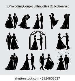 Wedding Couple Silhouettes Collection Set - Ten Romantic Bride And Groom Poses For Invitations	
