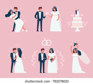 
Wedding couple stand, dance and celebrate together.Minimal flat style 
vector illustration isolated on white background.