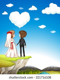 Wedding couple standing on cliff illustration