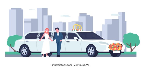 La pareja de novios se alza afuera de la limusina en el fondo de la ciudad. Automóvil de lujo. Celebración de la ceremonia de matrimonio. Transporte automático. Vacaciones para recién casados. Esposa y