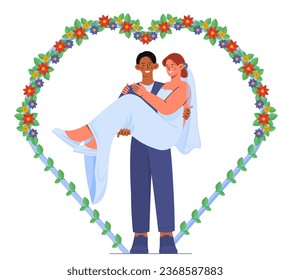 Wedding couple through flowers. Man with woman in decorative heart silhouette. Love, care and romance. Bride and groom at marriage. Cartoon flat vector illustration isolated on white background