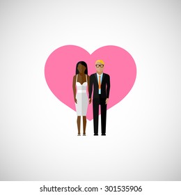 wedding couple. vector flat illustration man and woman on pink heart background. marriage concept