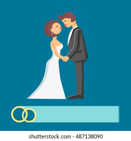 Wedding couple vector flat illustration isolated on the blue background.