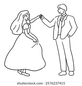 Wedding couple vector, The groom is holding the bride's hand, smiling as he watches her twirl her dress