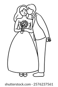 Wedding couple vector, the groom is kissing the bride's cheek while the bride smiles happily