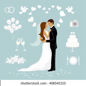 Wedding Couple Vector Illustration. Bride and Groom for Wedding Cards. White Pigeons, Ribbon, Flowers, Champagne Glasses, Balloons, Wedding Cake. Elements for Wedding Invitations and Announcements 