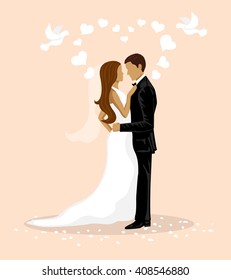 Wedding Couple Vector Illustration. Bride and Groom for Wedding Cards Design. Save the Date card.