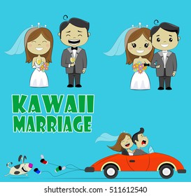 Wedding couple vector illustration. Cute kawaii man and woman together. Cartoon design