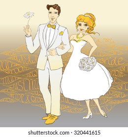 Wedding couple vector illustration. Just married. Cartoon bride and groom vector illustration. Golden yellow white wedding couple design. Hand drawn wedding couple with just married text background. 