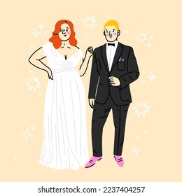 Wedding couple vector illustration of man and woman just married. For greeting card design template. Happy bridegroom and  bride  in wedding dress.A loving couple is standing 