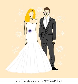 Wedding couple vector illustration of man and woman just married. For greeting card design template. Happy bridegroom and  bride  in wedding dress.A loving couple is standing 