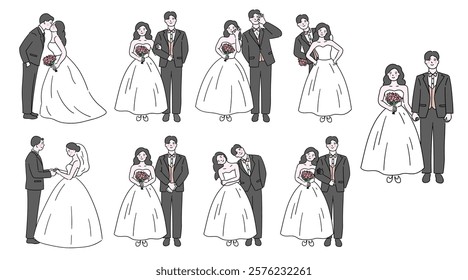 Wedding couple, vector illustration set of a bride and groom couple with a wedding bouquet, posing in cute styles