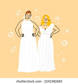 Wedding couple vector illustration of two woman just married. For greeting card design template. Happy  brides in wedding dresses.A loving lesbian couple is standing. Non-traditional wedding ceremonie