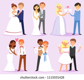 Wedding couple vector married bride or fiancee and bridegroom or fiance characters on wed illustration set of loving man and woman in weddingdress on marriage celebration isolated on background