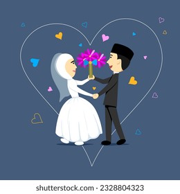 Wedding couple vector, simple figure of moslem couple with spread of love icon around them on dark blue background suitable for invitation card or video