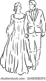 Wedding Couple Walking Hand in Hand Sketch for Invitations