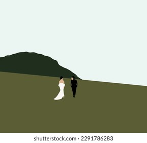 Wedding couple walking on mountain. Beautiful bride and stylish groom. Concept of love and happiness