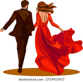 Um casal de casamento caminha em roupas de casamento flutuando no vento segurando mãos o noivo em um terno escuro a noiva em um vestido vermelho arejado Vista de comprimento total a partir do vetor de volta