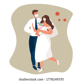 Wedding Couple Wearing Mask During Corona Pandemic.Quarantine and Social Distance.
Groom and Bride Wearing Wedding Dress in Mask on Wedding.Prevent and Stop Spread Coronavirus.Flat Vector Illustration