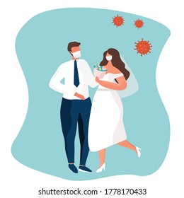 Wedding Couple Wearing Mask During Corona Pandemic.Quarantine and Social Distance.
Groom and Bride Wearing Wedding Dress in Mask on Wedding.Prevent and Stop Spread Coronavirus.Flat Vector Illustration