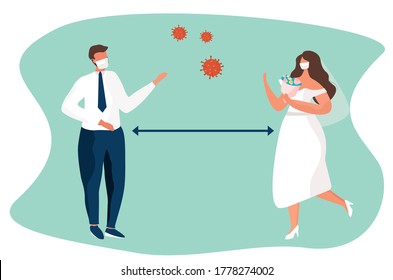 Wedding Couple Wearing Mask During Corona Pandemic.Quarantine and Social Distance.
Groom and Bride Wearing Wedding Dress in Mask on Wedding.Prevent and Stop Spread Coronavirus.Flat Vector Illustration