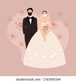 Wedding Couple Wearing Protective Mask In The Middle Of Corona Pandemic. Wedding Cake Topper. Flat Style Background.