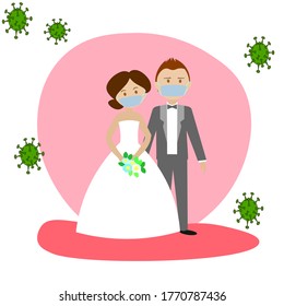 Wedding couple wearing protective medical masks during the ceremony. Quarantine wedding. Vector illustration.