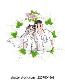 Pareja matrimonial. Pareja sonriente de novia y novio, doctor y enfermera con flores aislados en fondo blanco. Para la tarjeta de boda.