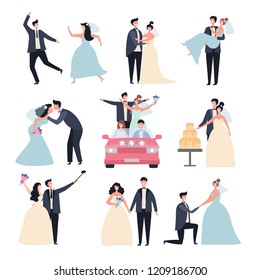 Wedding couples. Bride ceremony celebration wed day love groom marriage rings vector characters. Bride and groom, marriage love couple, celebration wedding ceremony illustration