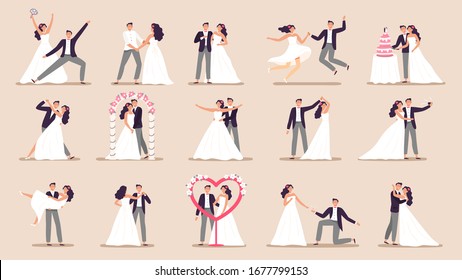 Wedding couples. Bride in wedding dress, just married couple and marriage ceremony cartoon vector illustration set. Bride and groom, couple marriage ceremony