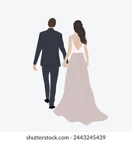 Wedding couples. Bride in wedding dress, just married couple and marriage ceremony vector illustration. Bride and groom Faceless portrait