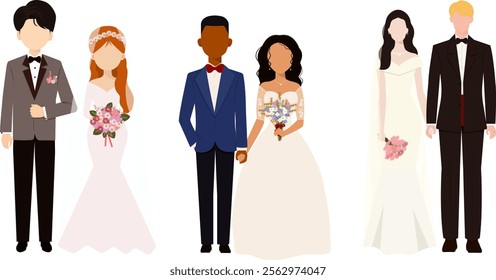 Wedding couples. Bride and groom, couple marriage ceremony. Just married love couple, newlyweds. Flat design style vector illustration