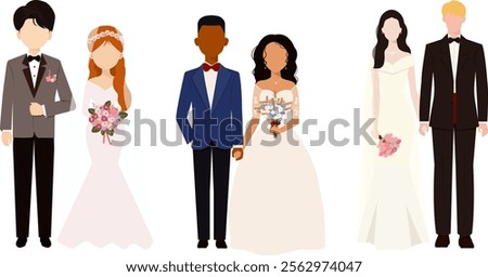 Wedding couples. Bride and groom, couple marriage ceremony. Just married love couple, newlyweds. Flat design style vector illustration